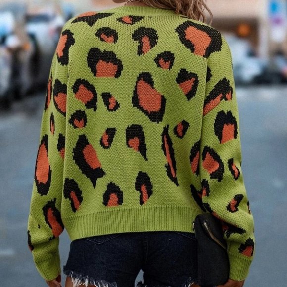 Leopard Print knit Sweater top Green - Picture 5 of 5
